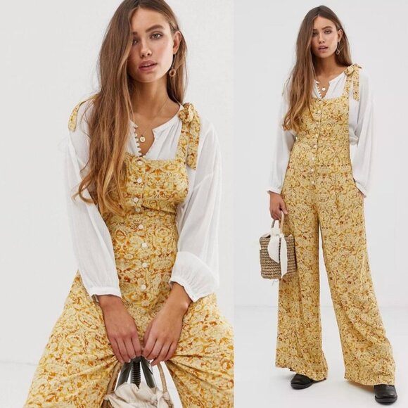 Free People Yellow Sugar Sands Jumpsuit Wide Leg Floral Print Smocked Size XS‎ - Picture 2 of 16